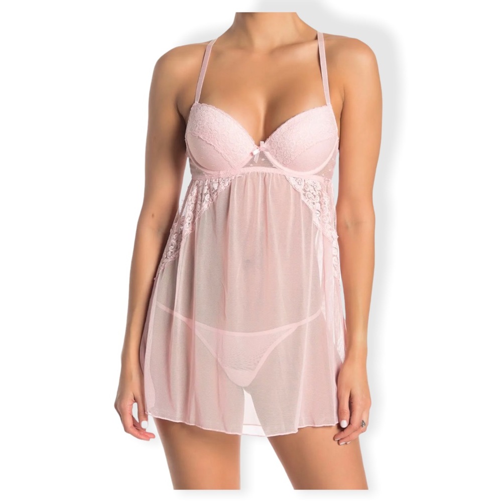 Scalloped Lace Babydoll & Thong 2-piece Set In Pink -Medium